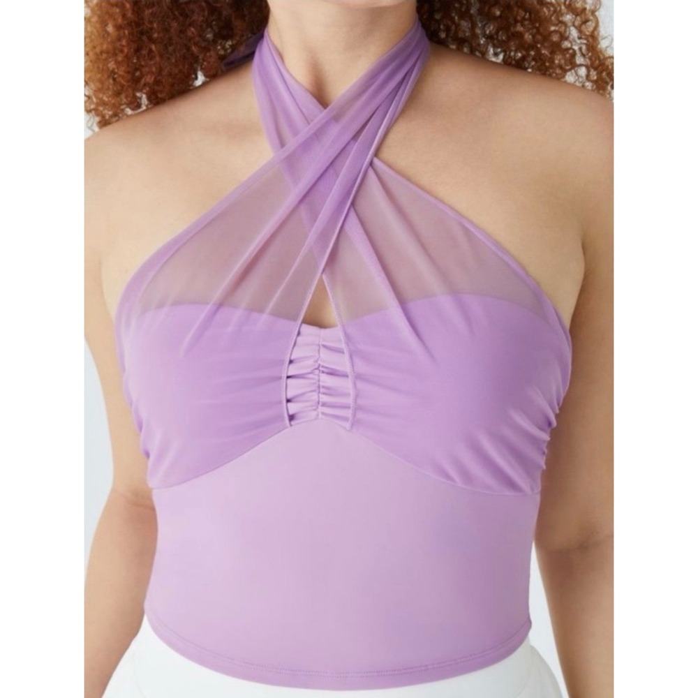 Halara Lavender Purple Sheer Mesh Halter Neck Ruched Crop Top NWT Womens Medium